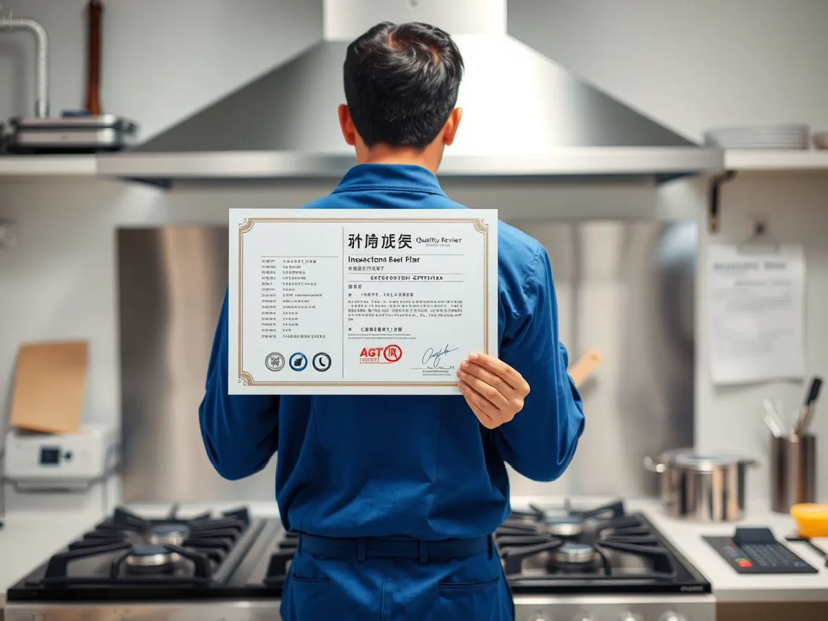 持证技师在厨房展示燃气从业人员专业培训考核合格证